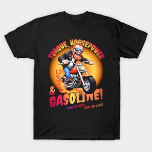 Funny biker riding a chopper, popping a wheelie motorcycle cartoon T-Shirt